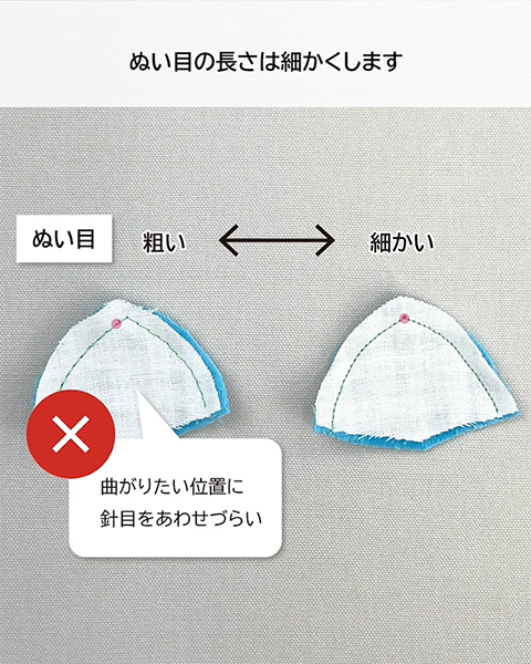 曲がりたい位置に針目をあわせづらい