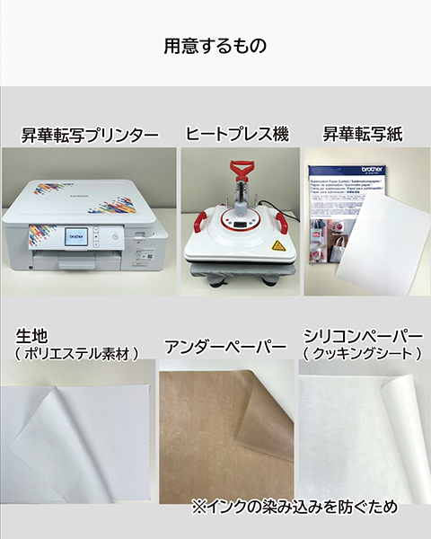 昇華転写プリンター、ヒートプレス機、昇華転写紙、生地（ポリエステル素材）、アンダーペーパー、シリコンペーパー（クッキングシート）、アートスピラを使います